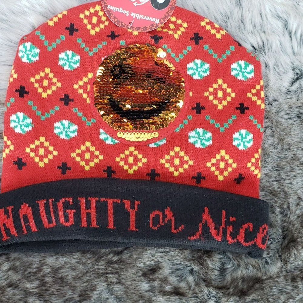Naughty Or Nice Christmas Beanie Winter Hat Holiday Changeable Smiley Face Red